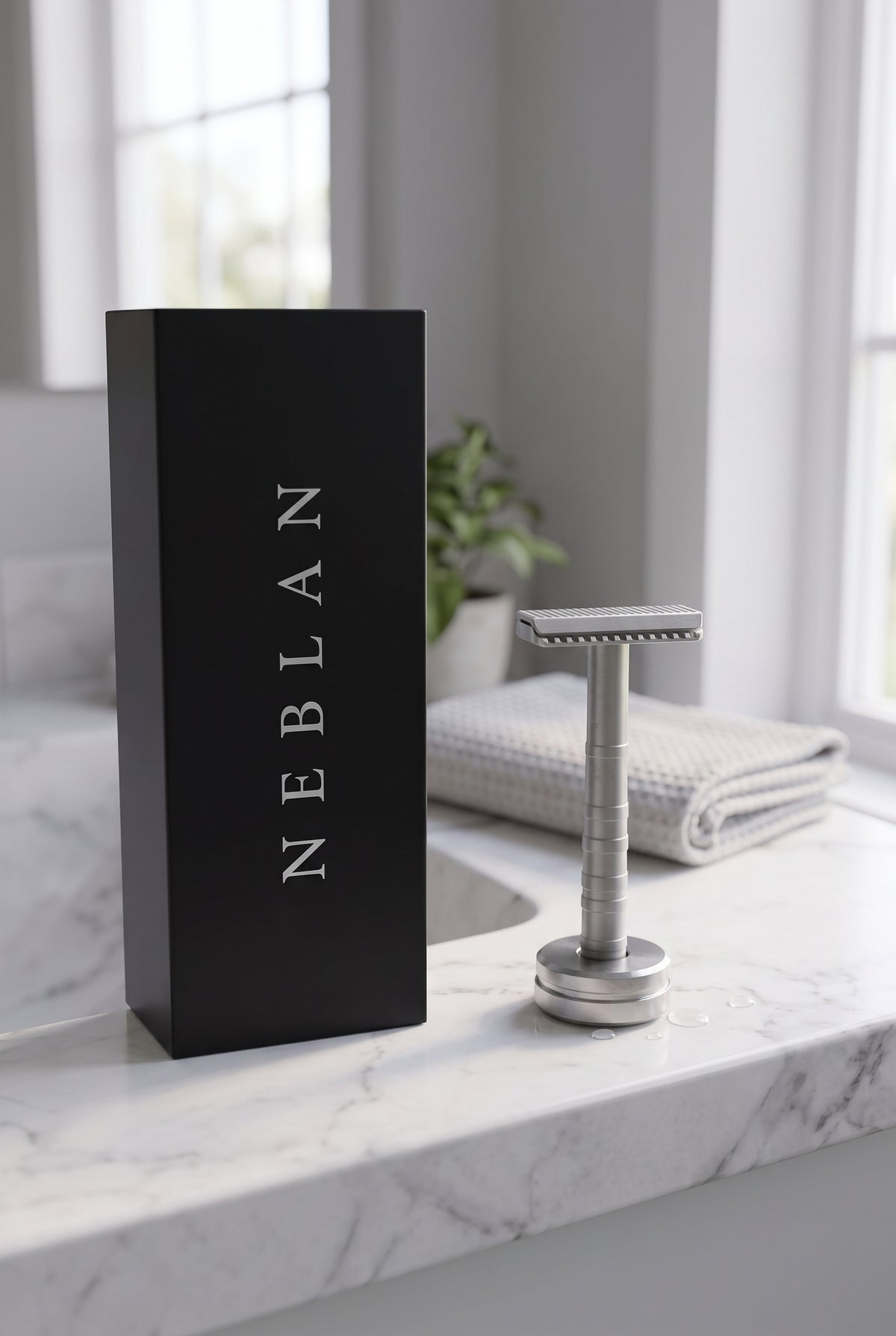 Coffret noir Neblan debout à côté du rasoir de sûreté Neblan 110 sur son support, sur un lavabo en marbre blanc