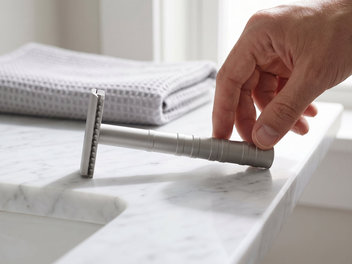 Main qui prend le rasoir de sûreté Neblan 110 posé au bord d'un lavabo en marbre