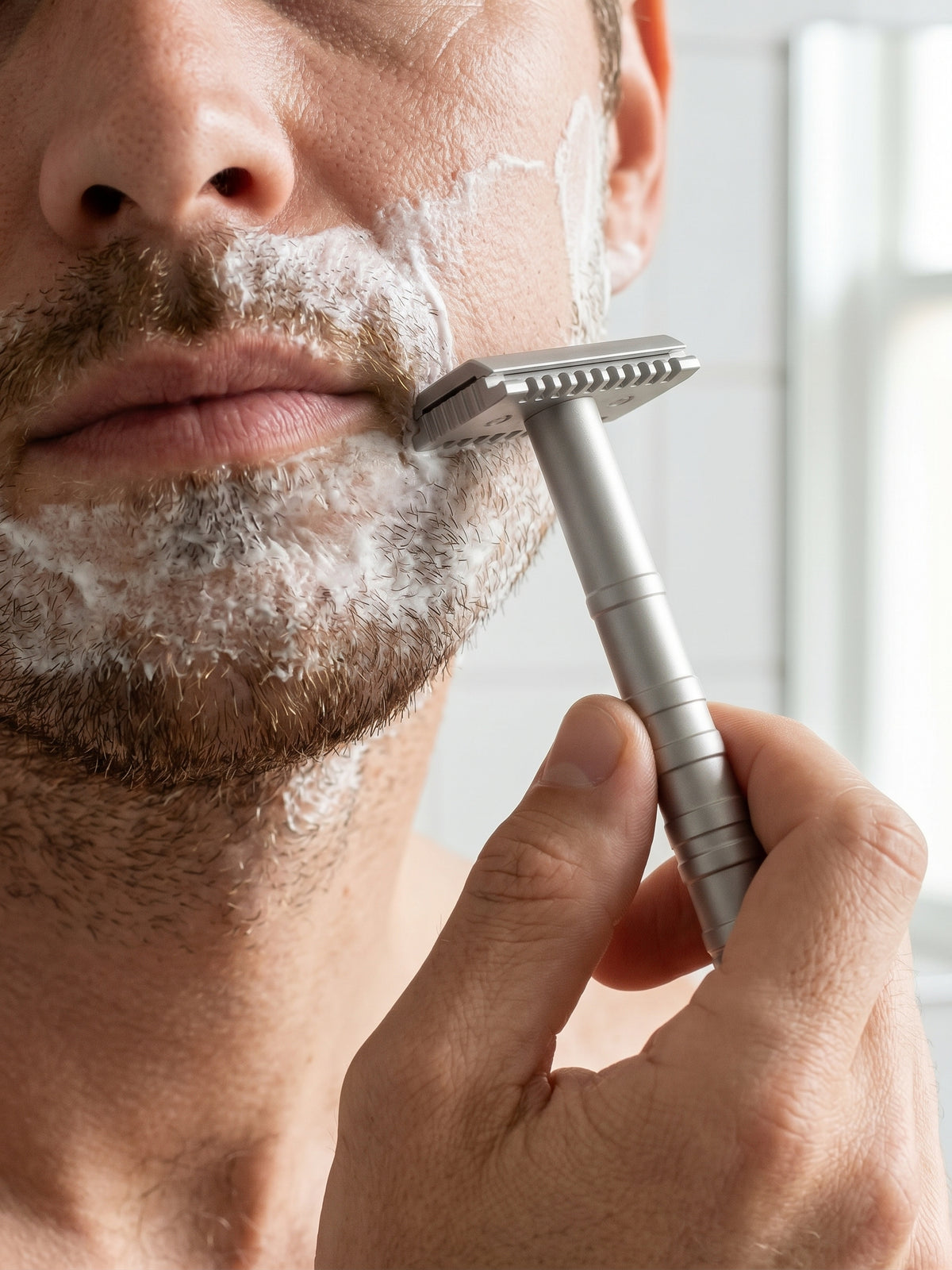 Homme qui se rase avec le rasoir de sûreté Neblan 110, mousse à raser sur la joue