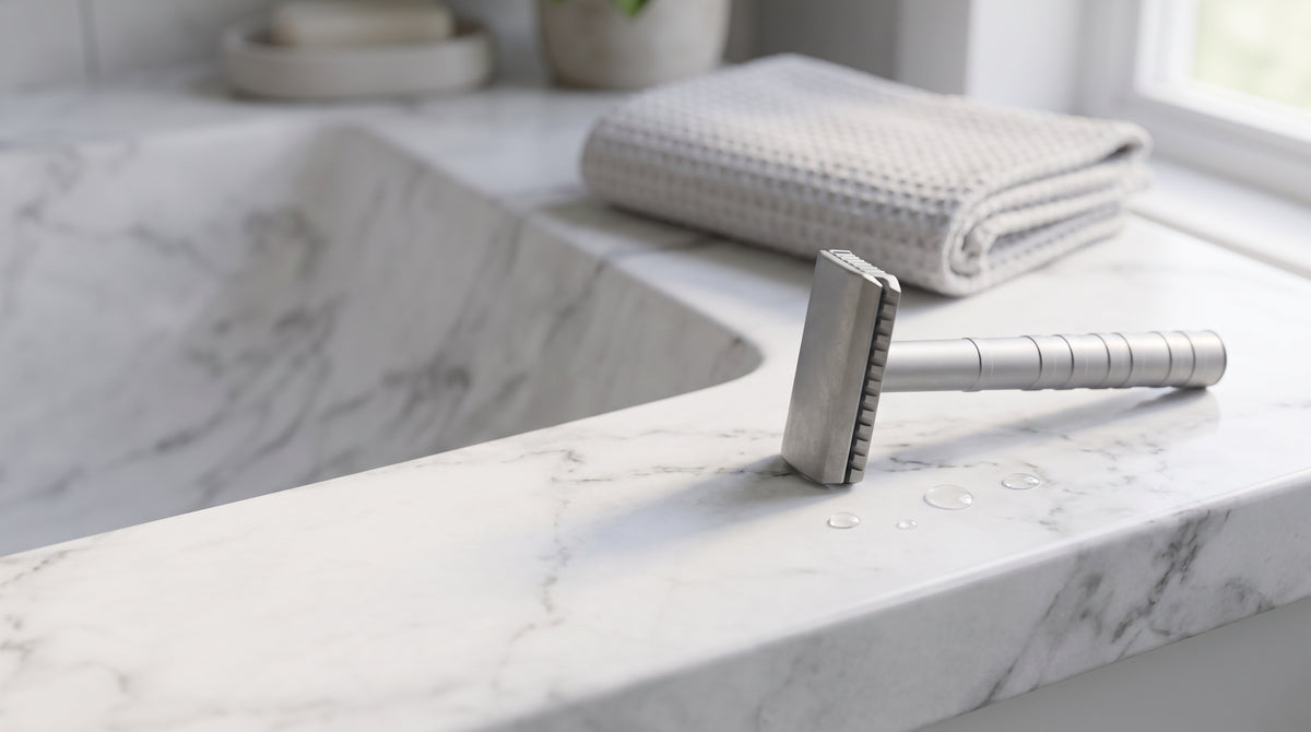 Rasoir de sûreté Neblan 110 posé sur le bord d'un lavabo en marbre blanc