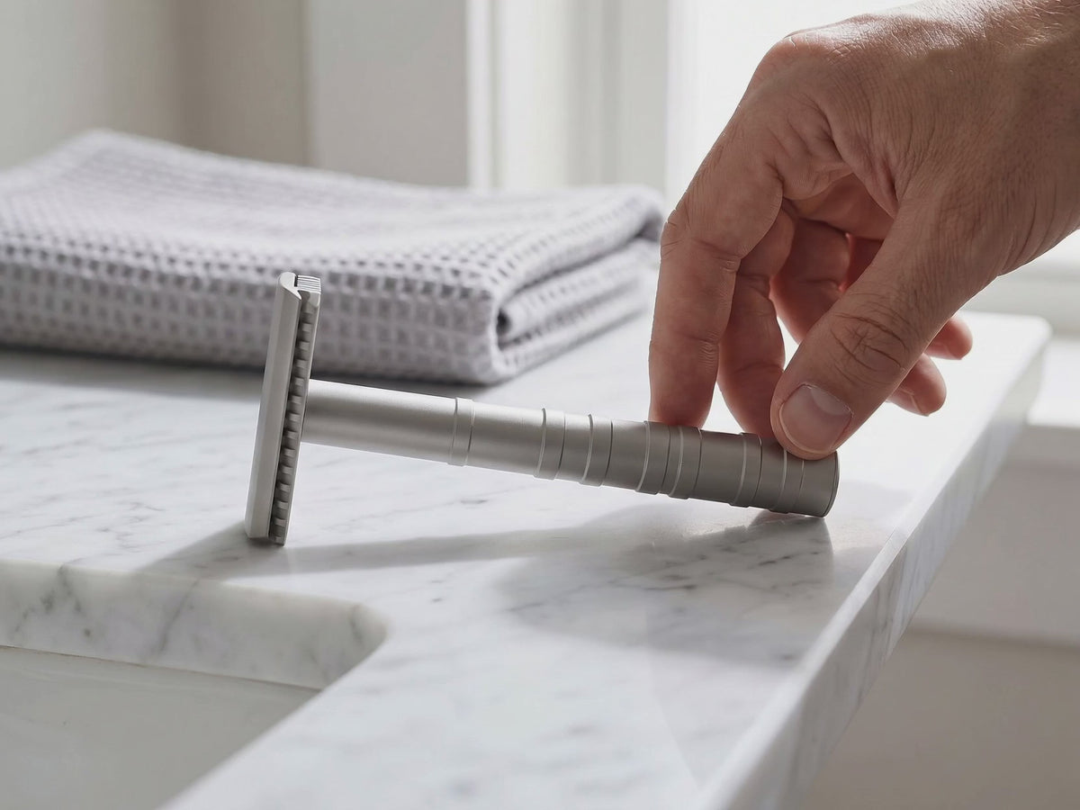 Vidéo : une main prend le rasoir de sûreté Neblan 110 posé au bord d'un lavabo en marbre